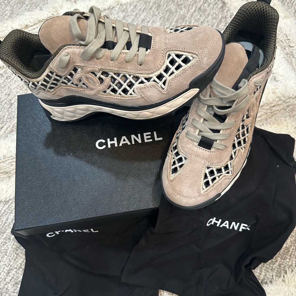 Chanel Sneakers Suede Calfskin & Embroidery Beige Sz 39/8.5
